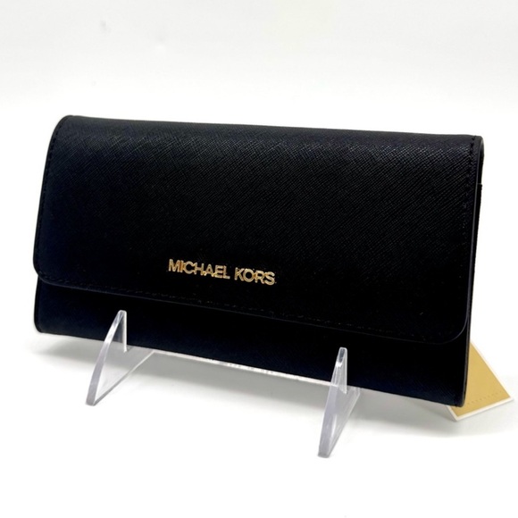 Michael Kors Large Jet Set Travel Trifold Wallet - Black/Gold - Picture 1 of 6